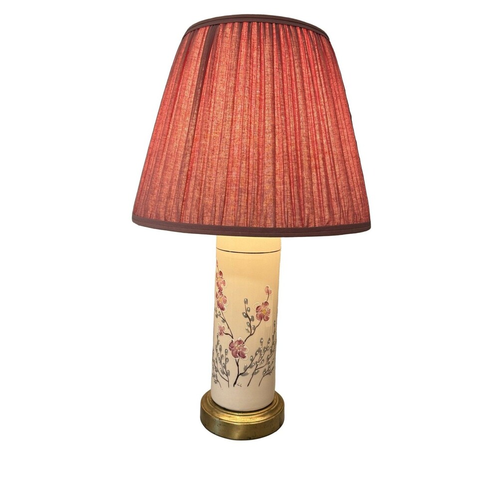 Laura Ashley Vintage Pink Hand Painted Cherry Blossom Lamp Brass “LL” Signed